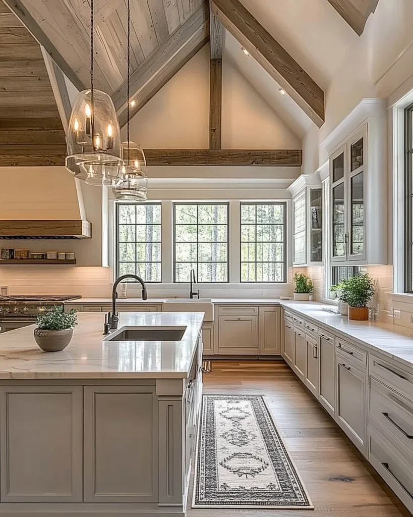 Spacious farmhouse kitchen with vaulted wooden ceilings, white cabinetry, a large island, and elegant pendant lighting
