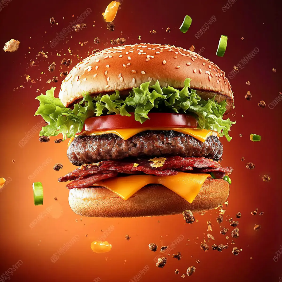 Delicious Hamburger Flying Stock Photo